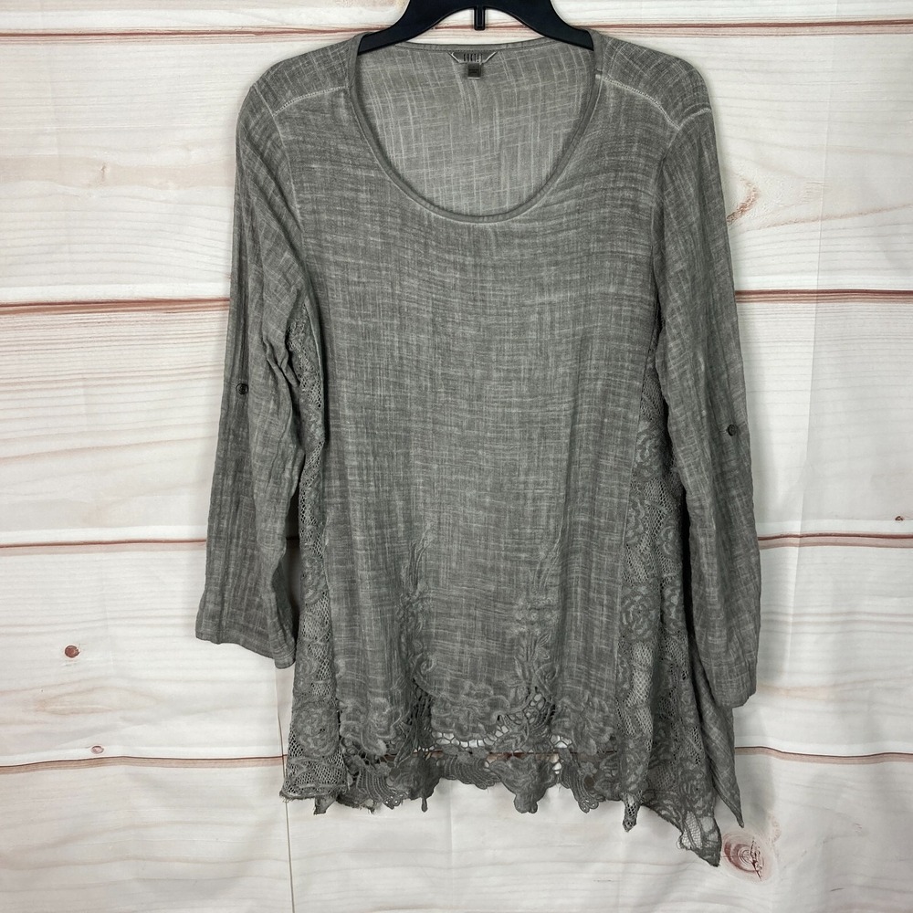 Kaktus Top Womens Small Gray Cotton Tunic Blouse Lace Trim Tab Sleeve Scoop Neck
